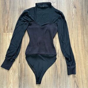 Fanco Women's Bodysuit Blouse Small Black Mesh Long Sleeves Mock Neck Ribbed Top